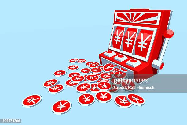 yen coins falling from slot machine - japanische währung stock-grafiken, -clipart, -cartoons und -symbole