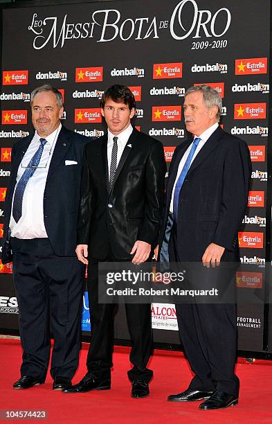 Lionel Messi attends the Golden Boot award wearing Dolce & Gabbana clothing at the Old Estrella Damn Factory on September 30, 2010 in Barcelona,...