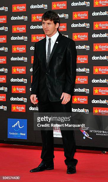 Lionel Messi attends the Golden Boot award wearing Dolce & Gabbana clothing at the Old Estrella Damn Factory on September 30, 2010 in Barcelona,...