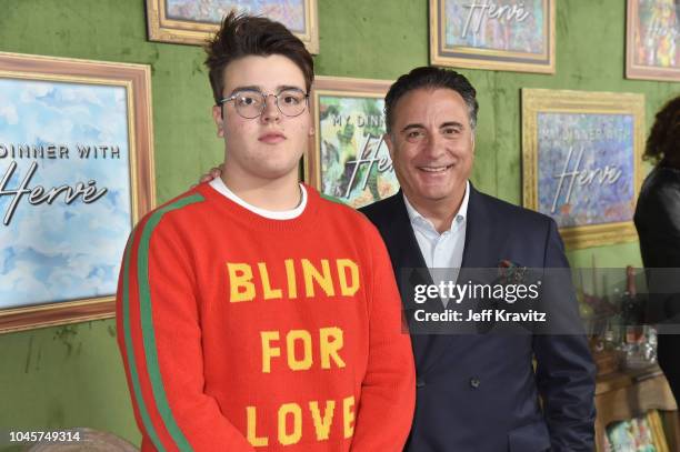 Andres Garcia-Lorido and Andy Garcia attends the Los Angeles Premiere Of HBO Films MY DINNER WITH HERVE at Paramount Studios on October 4, 2018 in...