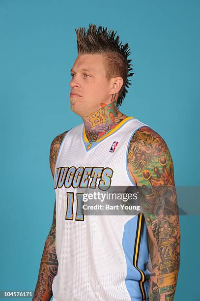 Chris Andersen of the Denver Nuggets poses for a photograph during media day on September 27, 2010 at the Pepsi Center in Denver, Colorado. NOTE TO...