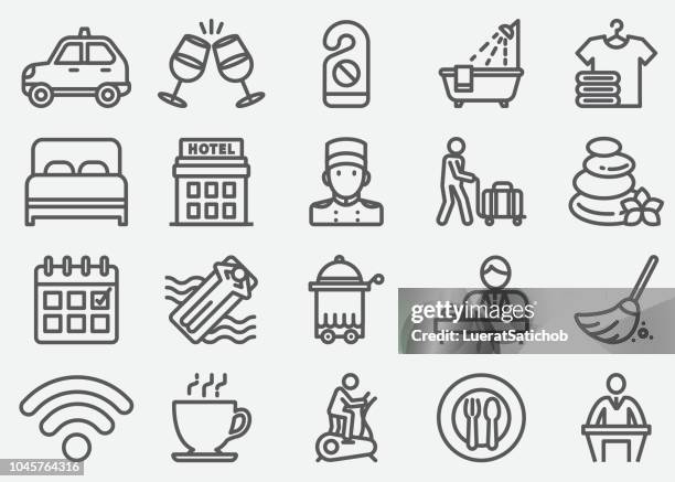 stockillustraties, clipart, cartoons en iconen met hoteldiensten lijn pictogrammen - hotelreceptie