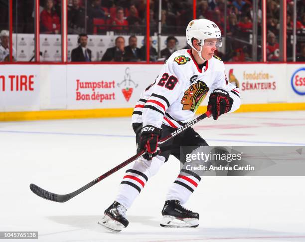 Henri Jokiharju of the Chicago Blackhawks skates against the Ottawa Senators at Canadian Tire Centre on October 4, 2018 in Ottawa, Ontario, Canada.