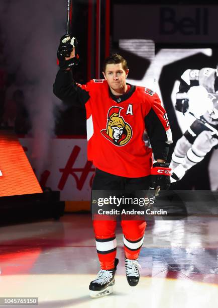 Zack Smith of the Ottawa Senators salutes the crowd ahead of a game against the Chicago Blackhawks at Canadian Tire Centre on October 4, 2018 in...