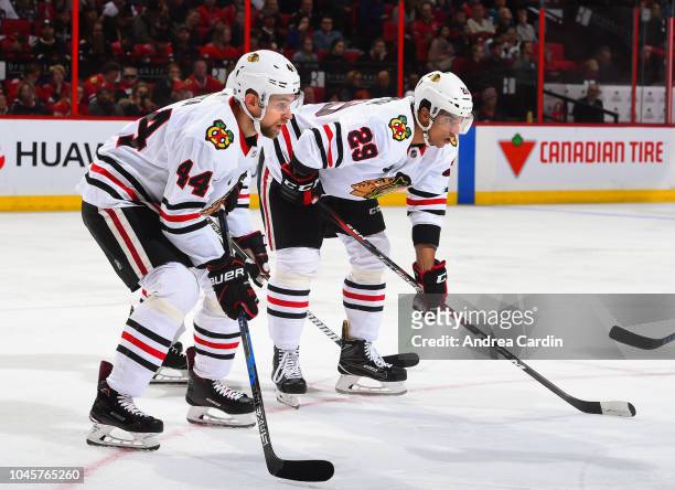 Jan Rutta of the Chicago Blackhawks prepares for a face-off against the Ottawa Senators at Canadian Tire Centre on October 4, 2018 in Ottawa,...