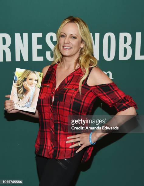 Stormy Daniels poses after signing copies of her new book "Full Disclosure" at Barnes & Noble at The Grove on October 4, 2018 in Los Angeles,...