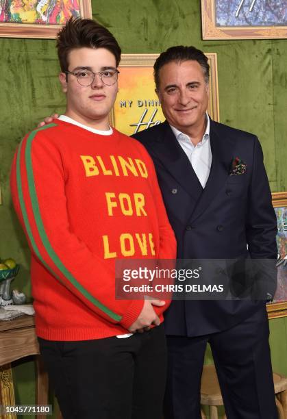 Cuban actor Andy Garcia and his son Andres Garcia-Lorido arrive for the HBO premiere of "My Dinner With Herve" on October 4, 2018 at the Paramount...