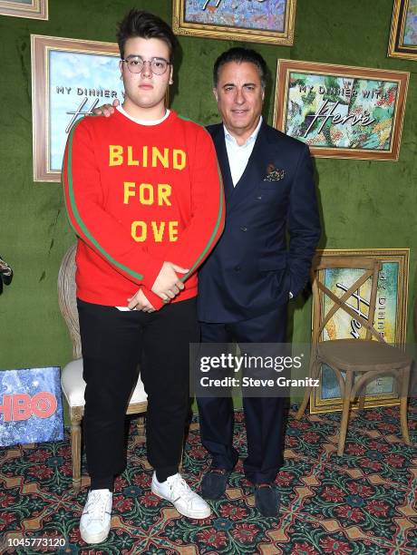 Andy Garcia, Andres Garcia-Lorido arrives at the HBO Films' "My Dinner With Herve" Premiere at Paramount Studios on October 4, 2018 in Hollywood,...