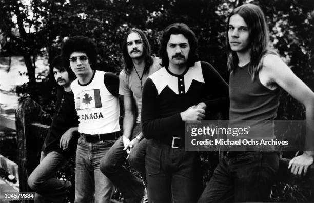 Chuck Panazzo, John Curulewski, Dennis De Young, John Panazzo, James Young of the rock quintet "Styx" poses for a portrait in circa 1973.