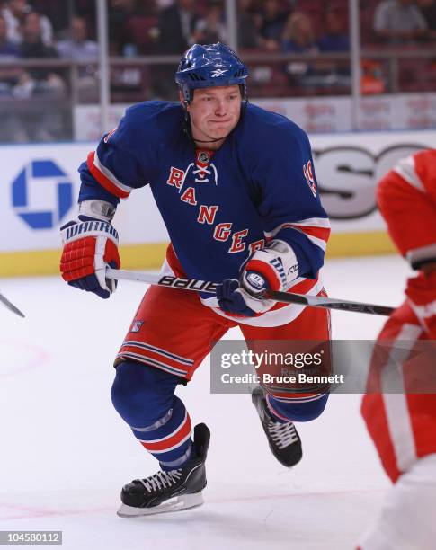 Ruslan Fedotenko of the New York Rangers skates against the Detroit Red Wings at Madison Square Garden on September 29, 2010 in New York City. The...