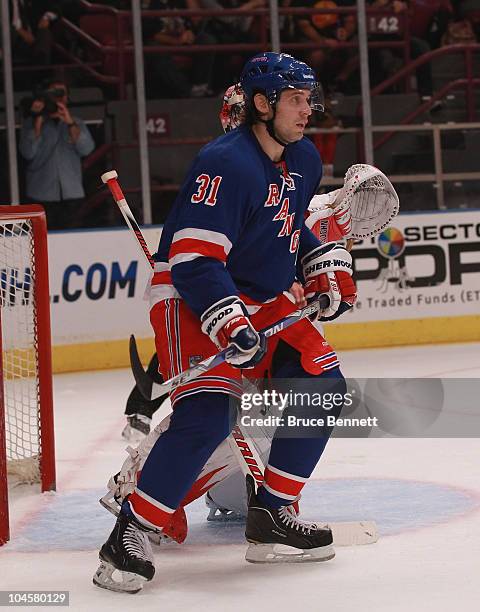 Alex Frolov of the New York Rangers skates against the Detroit Red Wings at Madison Square Garden on September 29, 2010 in New York City. The Rangers...