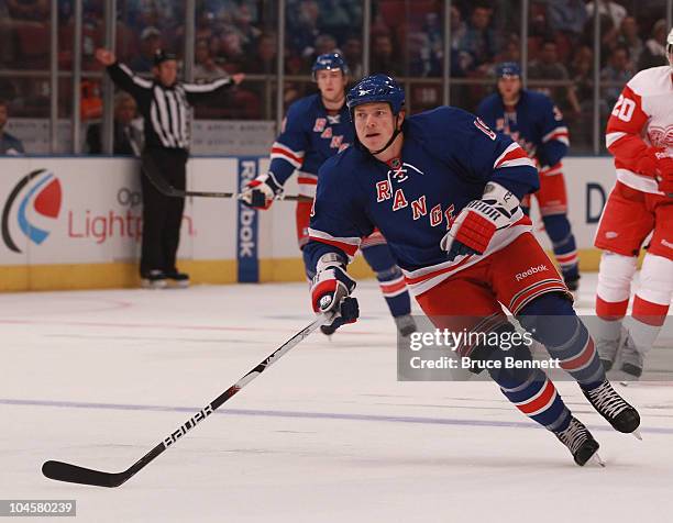 Ruslan Fedotenko of the New York Rangers skates against the Detroit Red Wings at Madison Square Garden on September 29, 2010 in New York City. The...