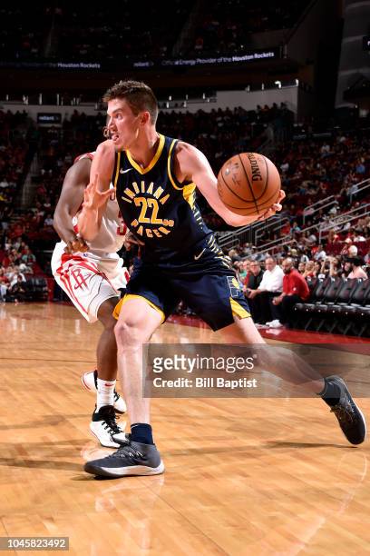Leaf of the Indiana Pacers handles the ball against the Houston Rockets during a pre-season game on October 4, 2018 at Toyota Center, in Houston,...