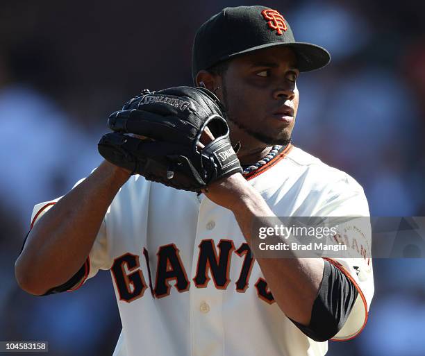 Ramon Ramirez of the San Francisco Giants pitches against the Arizona Diamondbacks during the game at AT&T Park on September 30, 2010 in San...