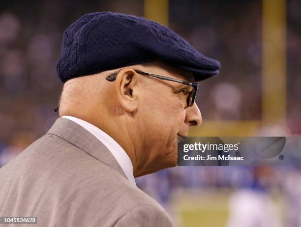 New York Giants general manager Dave Gettleman looks on against the New Orleans Saints on September 30, 2018 at MetLife Stadium in East Rutherford,...