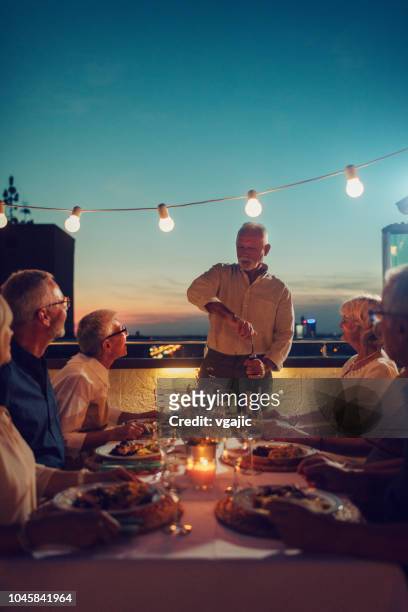 seniors having dinner on rooftop - rooftop party night stock pictures, royalty-free photos & images