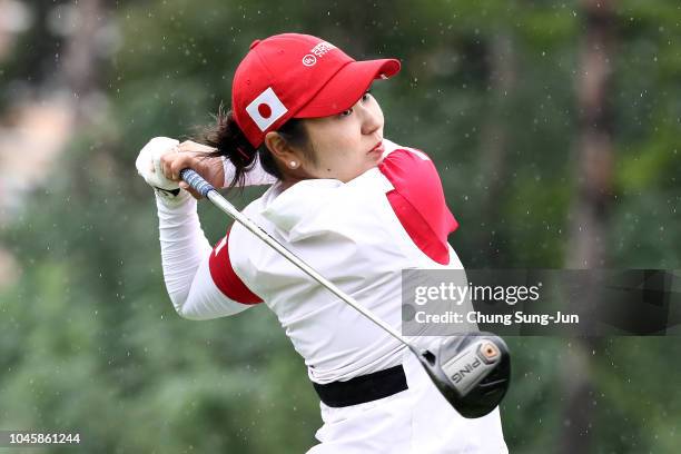 Mamiko Higa of Japan htis a tee shot on the 6th hole in the Pool B match between Japan and USA on day two of the UL International Crown at Jack...