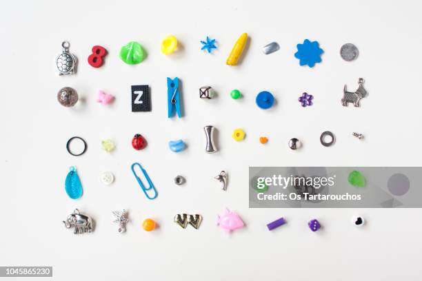 collection of little tiny objects knolling - toys collection stock pictures, royalty-free photos & images