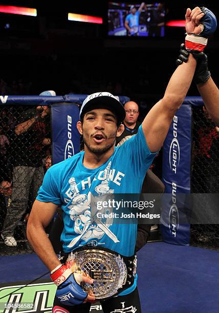 Jose Aldo retains his WEC Featherweight Championship with a TKO victory over Manny Gamburyan at WEC 51 at the 1stBank Center on September 30, 2010 in...