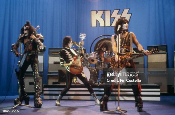 American rock group Kiss performing on stage, circa 1981. Left to right: Gene Simmons, Ace Frehley, Eric Carr and Paul Stanley.