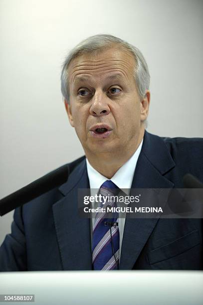 French auto parts supplier Valeo CEO Jacques Aschenbroich speaks during a press conference at the Paris Auto Show on the first of the two press-days...