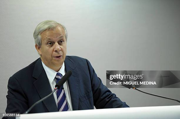 French auto parts supplier Valeo CEO Jacques Aschenbroich speaks during a press conference at the Paris Auto Show on the first of the two press-days...