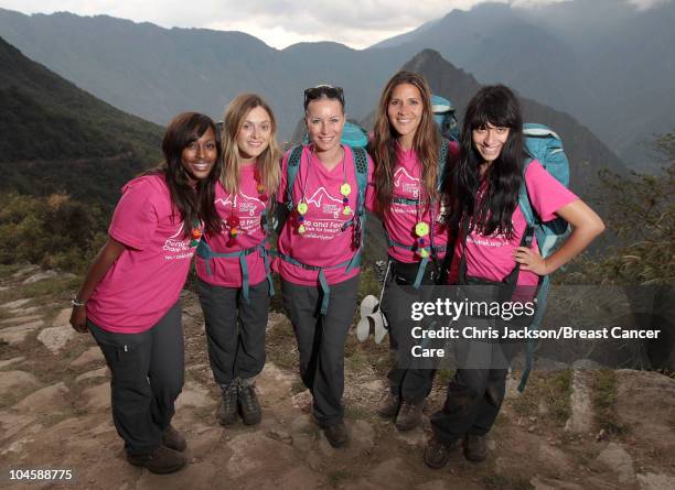 Alexandra Burke, Fearne Cotton, Denise Van Outen, Amanda Byram and Gabriella Cilmi pose for a photo in front of Machu Picchu on day four of Denise...