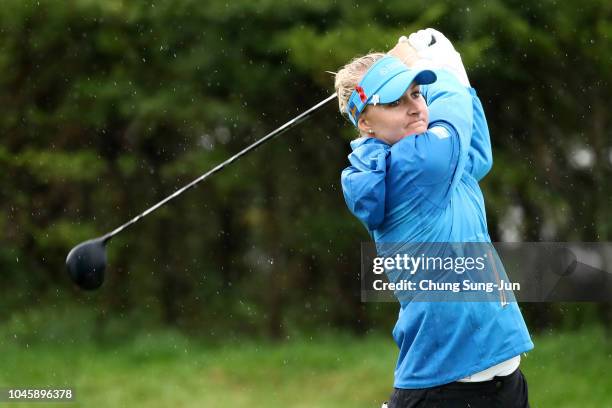 Anna Nordqvist of Sweden hits a tee shot on the 11th hole in the Pool B match between Thailand and Sweden on day two of the UL International Crown at...