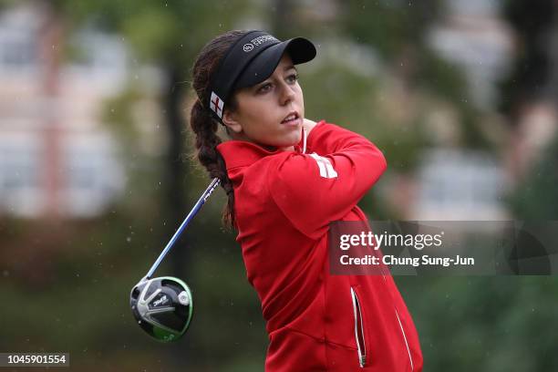 Georgia Hall of England hits a tee shot on the 6th hole in the Pool A match between South Korea and England on day two of the UL International Crown...