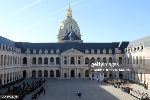 General view shows the national homage to French-Armenian singer-songwriter Charles Aznavour at the Invalides in Paris on October 5, 2018. - Aznavour...