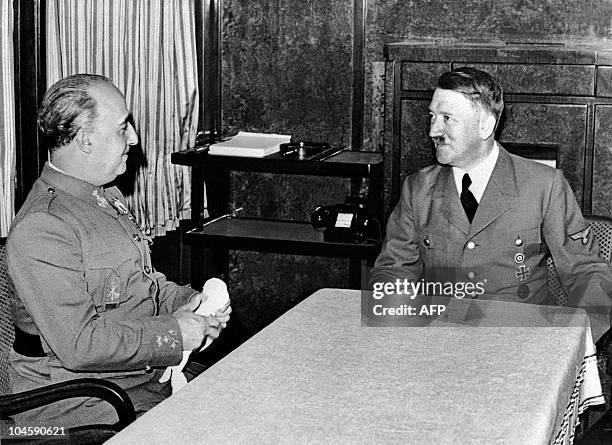 German nazi leader Adolf Hitler meets with Spanish facist leader Francisco Franco, in October 1940, in an unlocated place.