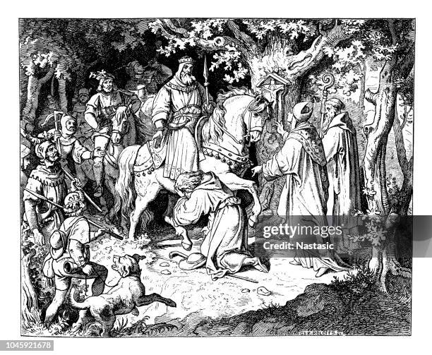 liudolf, herzog von schwaben (930/31 - 957) vor seinem vater otto i (912-973) nach erfolglosen kampagne in norditalien - otter stock-grafiken, -clipart, -cartoons und -symbole