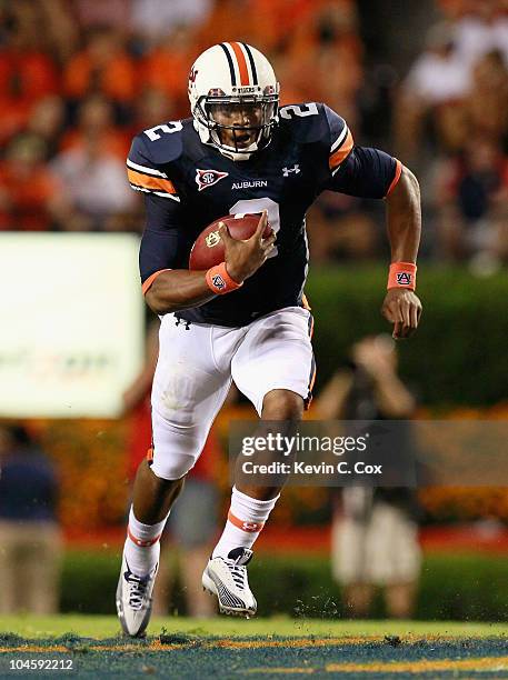 Quarterback Cameron Newton of the Auburn Tigers against the South Carolina Gamecocks at Jordan-Hare Stadium on September 25, 2010 in Auburn, Alabama.