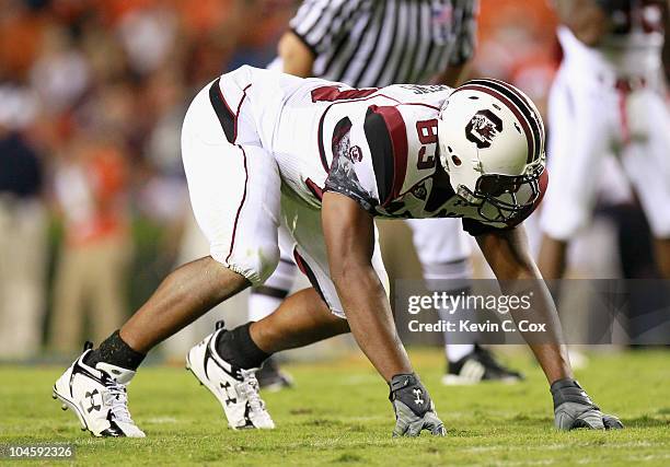 Cliff Matthews of the South Carolina Gamecocks against the Auburn Tigers at Jordan-Hare Stadium on September 25, 2010 in Auburn, Alabama.