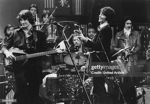 Canadian rock group, The Band performing at their farewell concert at the Winterland Ballroom in San Francisco, 25th November 1976. The concert was...