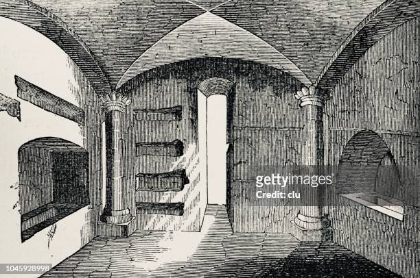 catacombs in rome: vaulted chamber with columns - trastevere stock illustrations