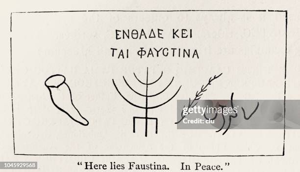 catacombs in rome: here lies faustina in peace - trastevere stock illustrations