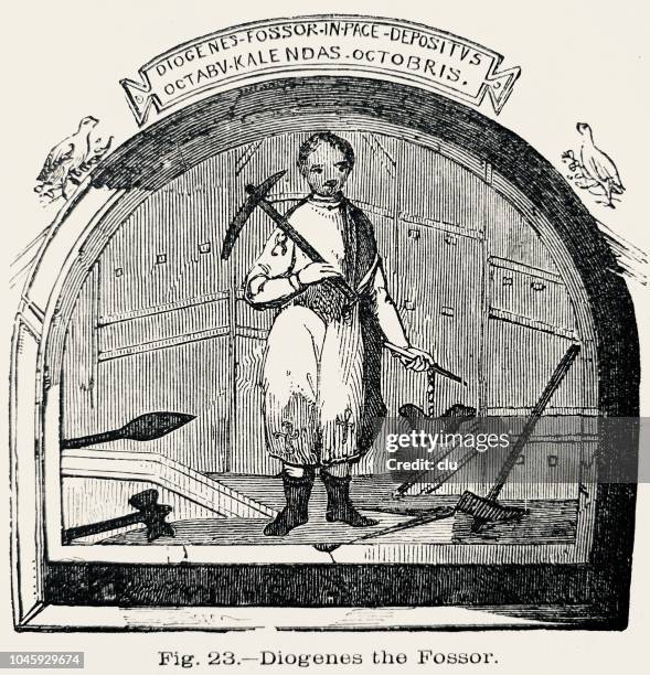 catacombs in rome: diogenes the fossor - trastevere stock illustrations