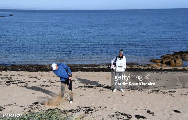 Greg Kinnear plays his fourth shot from the beach on the 12th during day two of the 2018 Alfred Dunhill Links Championship at Kingsbarns Golf Club on...