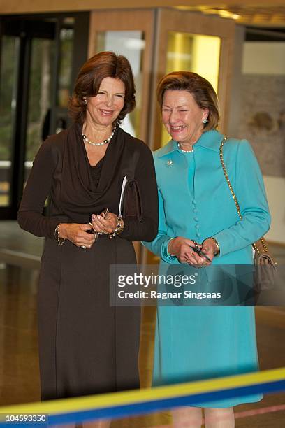 Queen Silvia of Sweden and Queen Sonja of Norway attend Voksenasen Hotel's 50th anniversary at Voksenasen Hotel on October 1, 2010 in Oslo, Norway.