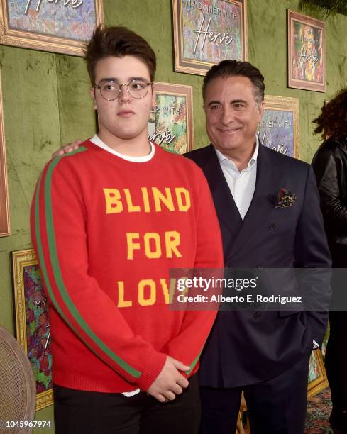 Andres Garcia-Lorido and Andy Garcia attend the premiere of HBO Films' "My Dinner With Herve" at Paramount Studios on October 4, 2018 in Hollywood,...