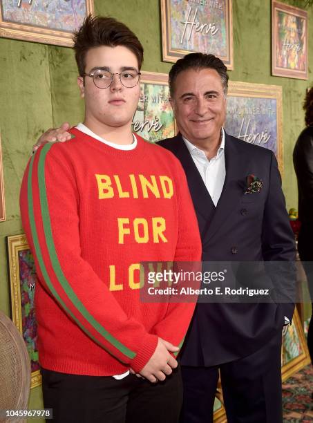 Andres Garcia-Lorido and Andy Garcia attend the premiere of HBO Films' "My Dinner With Herve" at Paramount Studios on October 4, 2018 in Hollywood,...