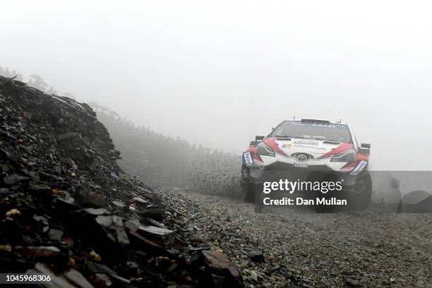 Jari-Matti Latvala of Finland and Toyota Gazoo Racing WRT drives with co-driver Miikka Anttila of Finland during the Slate Mountain Stage on day two...