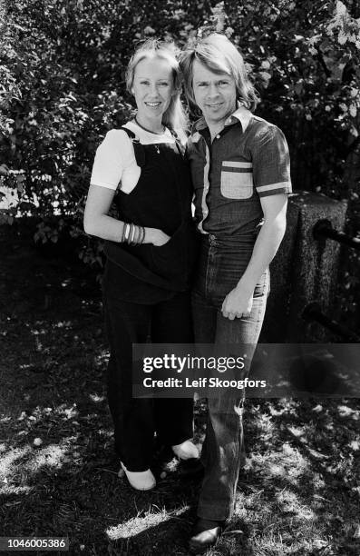 Portrait of married Swedish Pop musicians Agnetha Faltskog and Bjorn Ulvaeus, both of the group ABBA, as they pose in their yard, Stockholm, Sweden,...