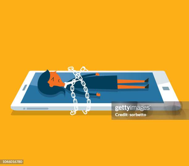 businesswoman - prisoner - smartphone - phone addiction illustration stock illustrations