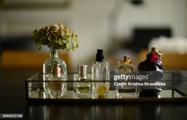 five different perfume bottles and a green hydrangea on a glass tray - borrifador de perfume imagens e fotografias de stock