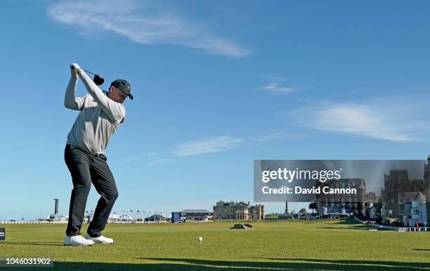 Marcus Fraser of Australia plays his tee shot on the 18th hole during the second round of the 2018 Alfred Dunhill Links Championship on The Old...
