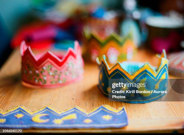 handmade crowns for child's birthday - embroidery stock pictures, royalty-free photos & images