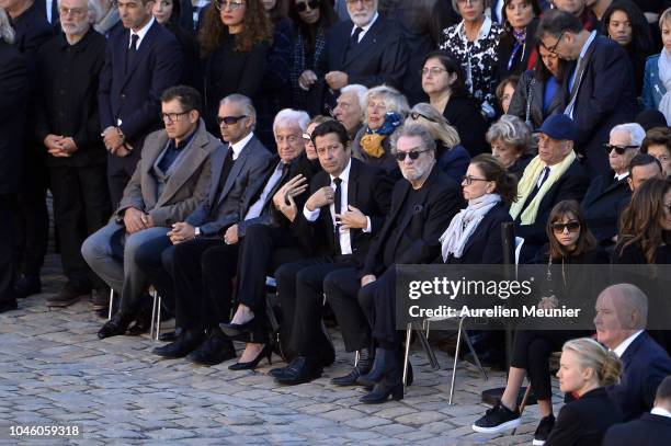 Dany Boon, Paul Belmondo, Jean Paul Belmondo, Laurent Gerra and Eddy Mitchell attend the national tribute to Charles Aznavour at Les Invalides on...