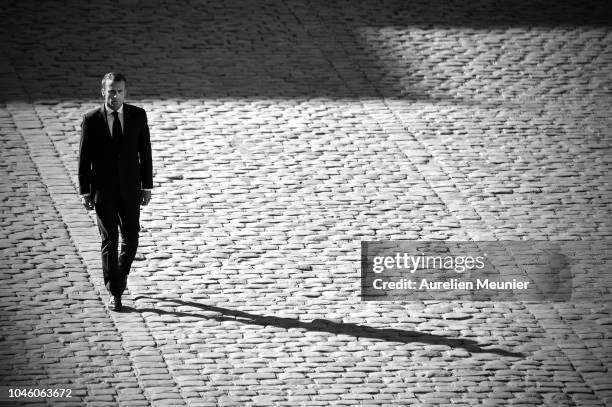 French President Emmanuel Macron attends the national tribute to Charles Aznavour at Les Invalides on October 5, 2018 in Paris, France. French singer...